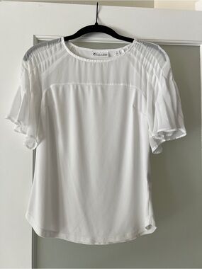 NY&C White Short Sleeve Blouse with Pleated Sheer Sleeves